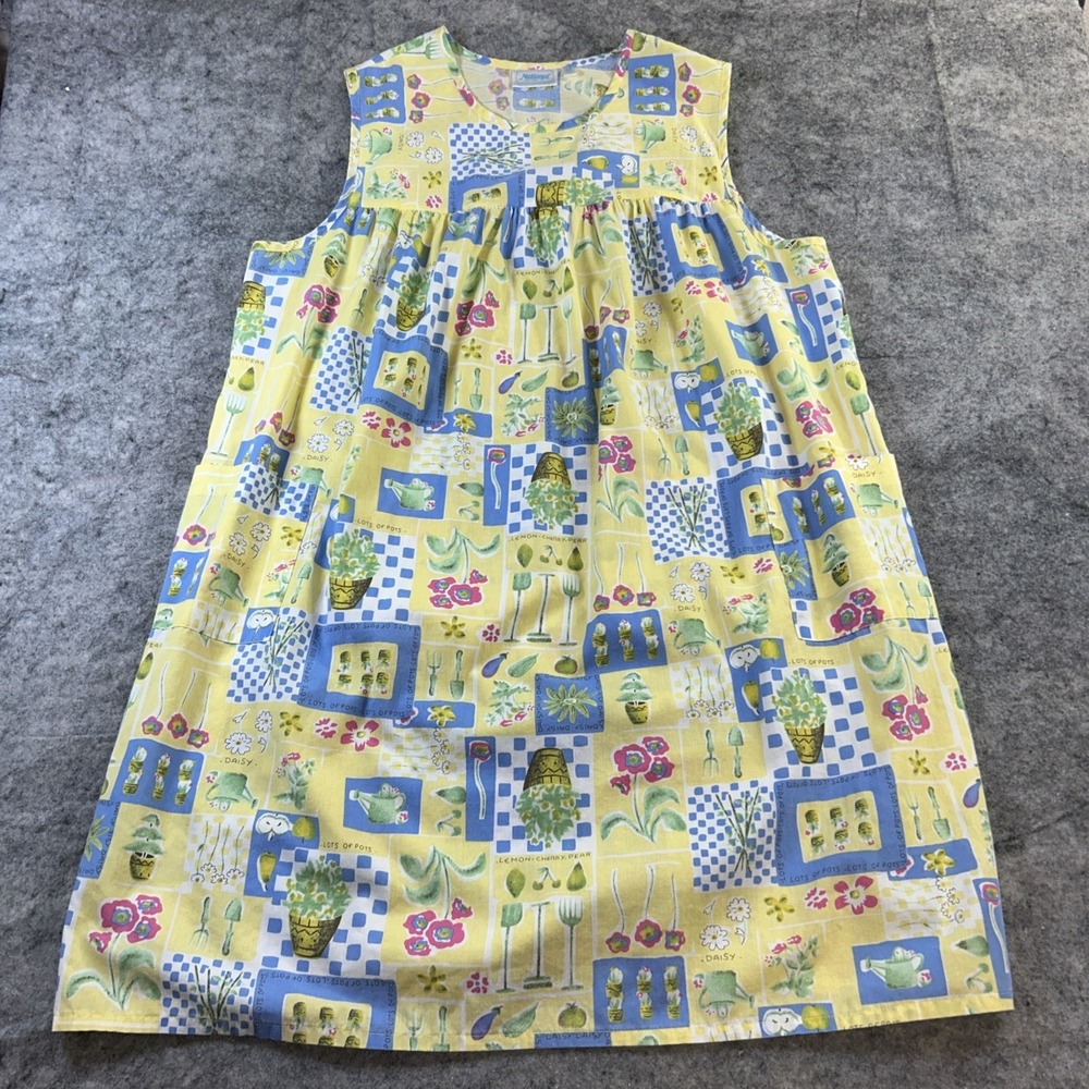 National VTG Mumu Women's 2X Yellow Floral Lots Of Pots Print With Pockets